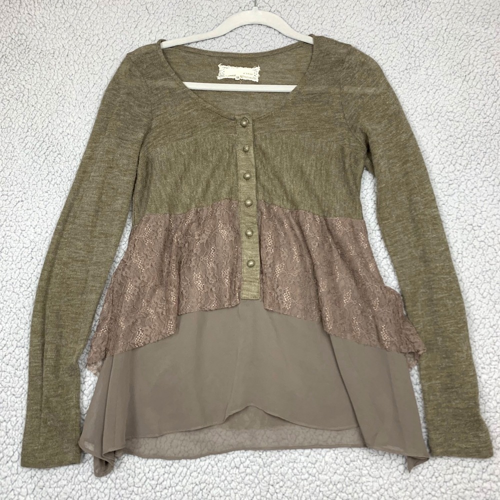 a'reve Peplum Top Women's M Brown Lace Chiffon Hi-Low‎